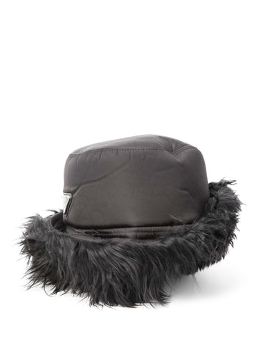 Prada Logo Nylon Fur Lined Bucket Hat Black-designer resale