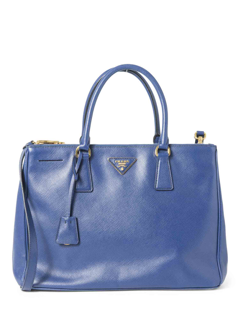 Prada Logo Saffiano Leather Double Zip Shopper Bag Royal Blue