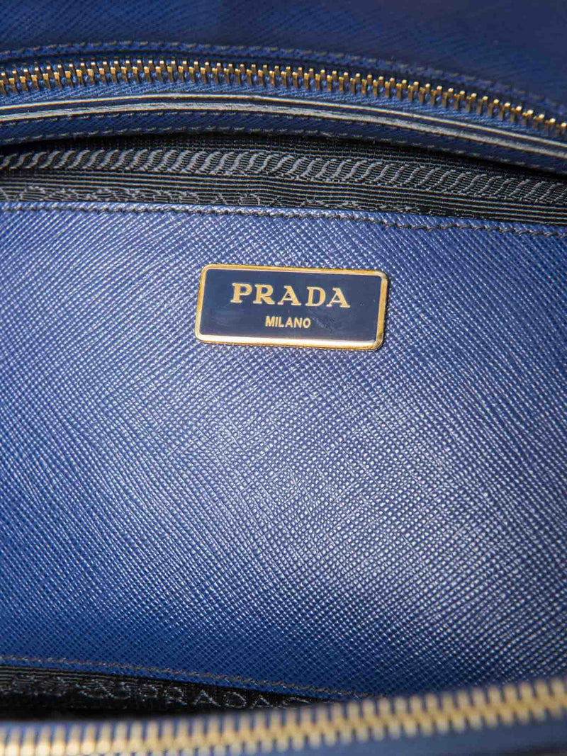 Prada Logo Saffiano Leather Double Zip Shopper Bag Royal Blue