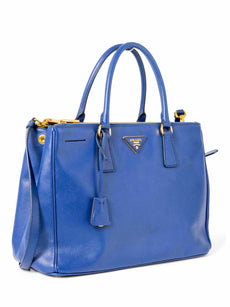 Prada Logo Saffiano Leather Double Zip Shopper Bag Royal Blue