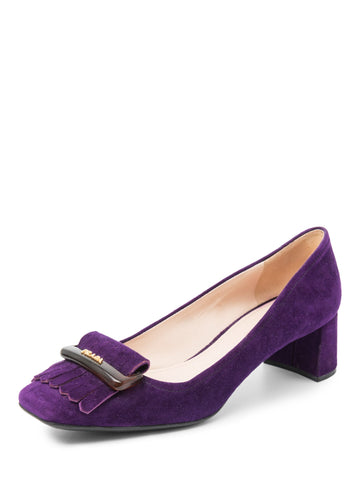 Prada Logo Suede Buckled Tassel Block Heels Purple-designer resale