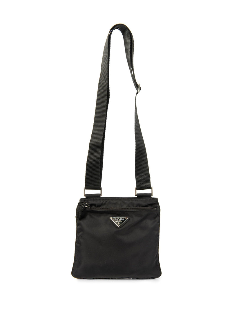 Prada Logo Tessuto Messenger Bag Black Silver-designer resale
