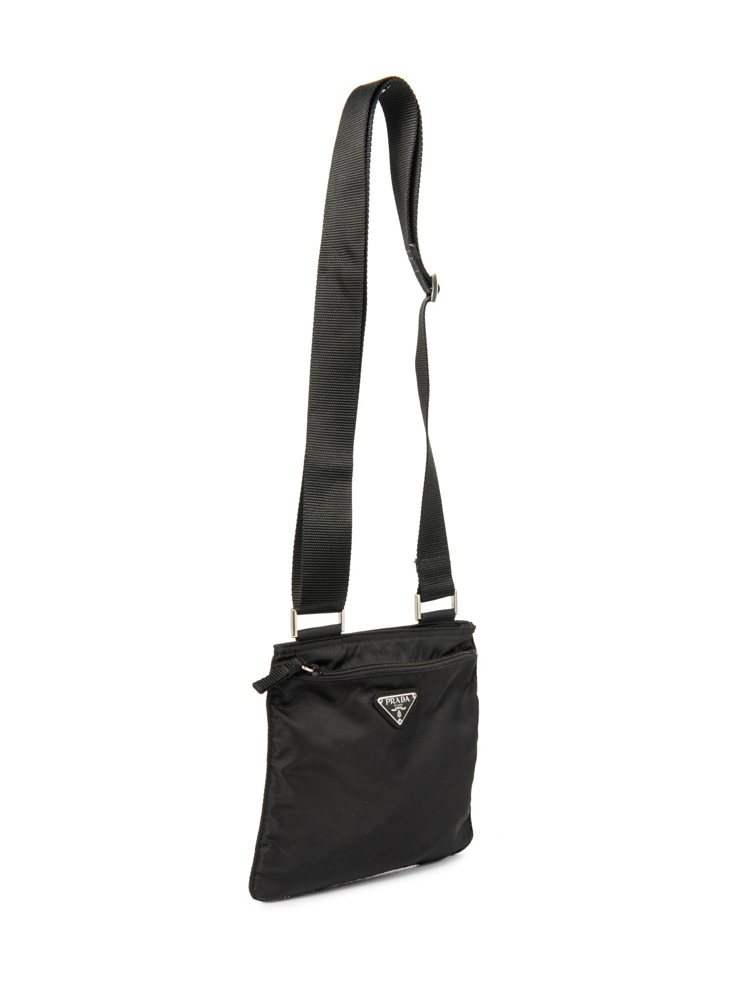 Prada Logo Tessuto Messenger Bag Black Silver-designer resale