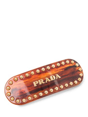 Prada Logo Tortoise Beaded Hair Clip Brown