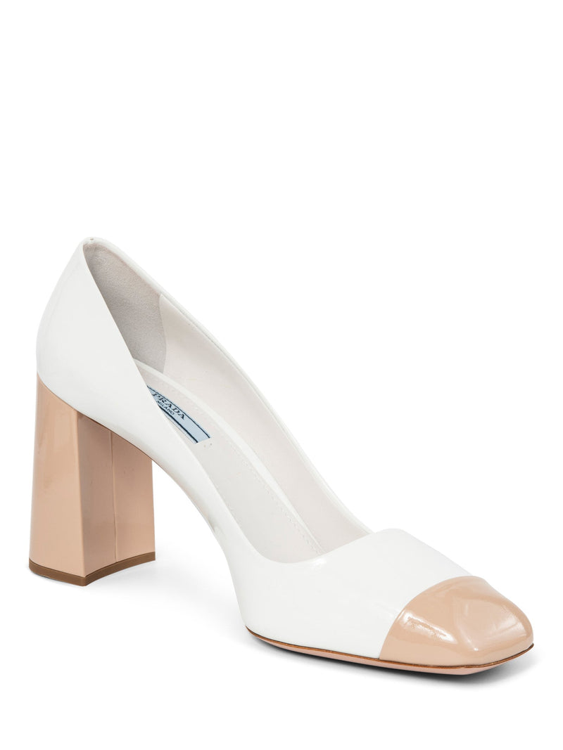 Prada Patent Leather Cap Toe Block Heel Pumps White Ivory-designer resale