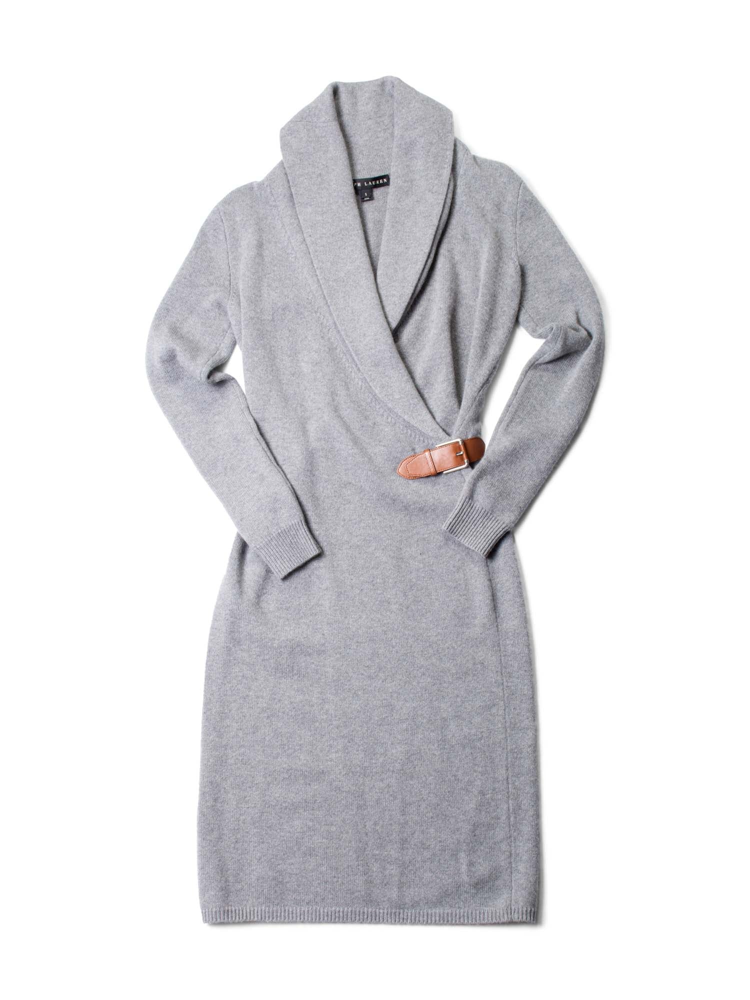 Ralph Lauren Cashmere Leather Buckle Dress Heather Grey-designer resale