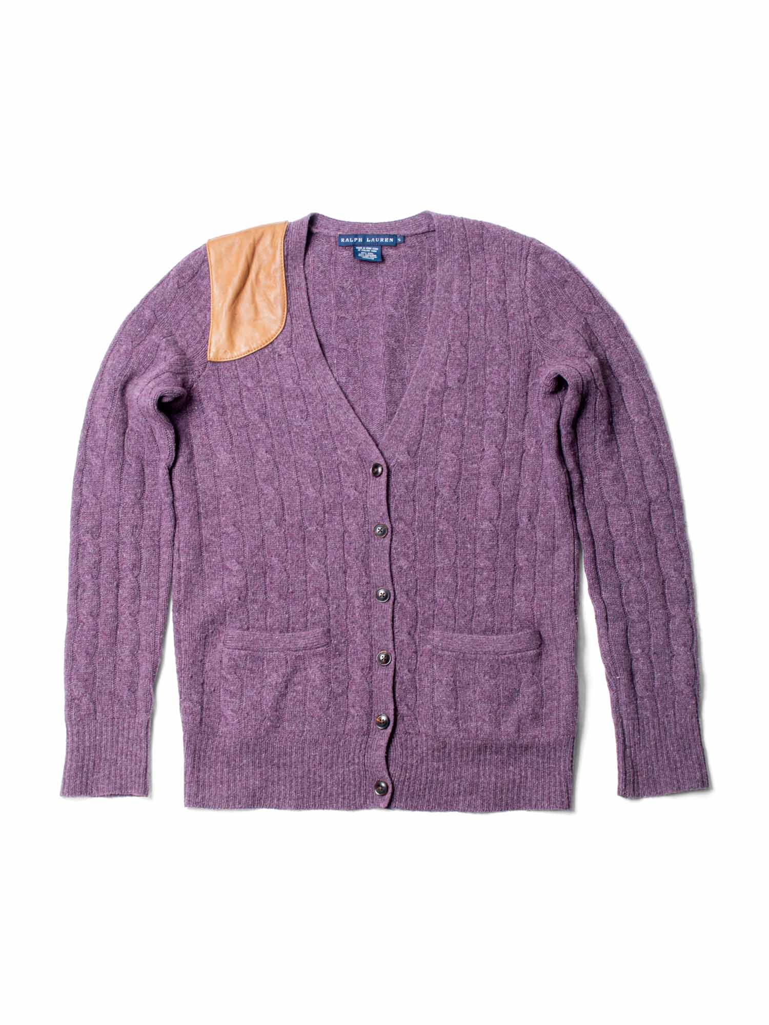 Ralph Lauren Cashmere Leather Patch Cable Knit Cardigan Lavender Purple