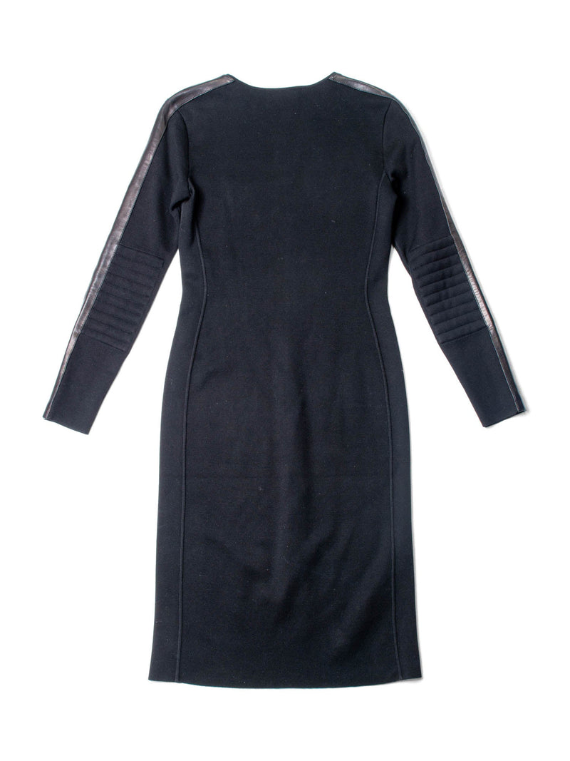 Ralph Lauren Knit Leather Quilted Elbow Midi Dress Black-designer resale