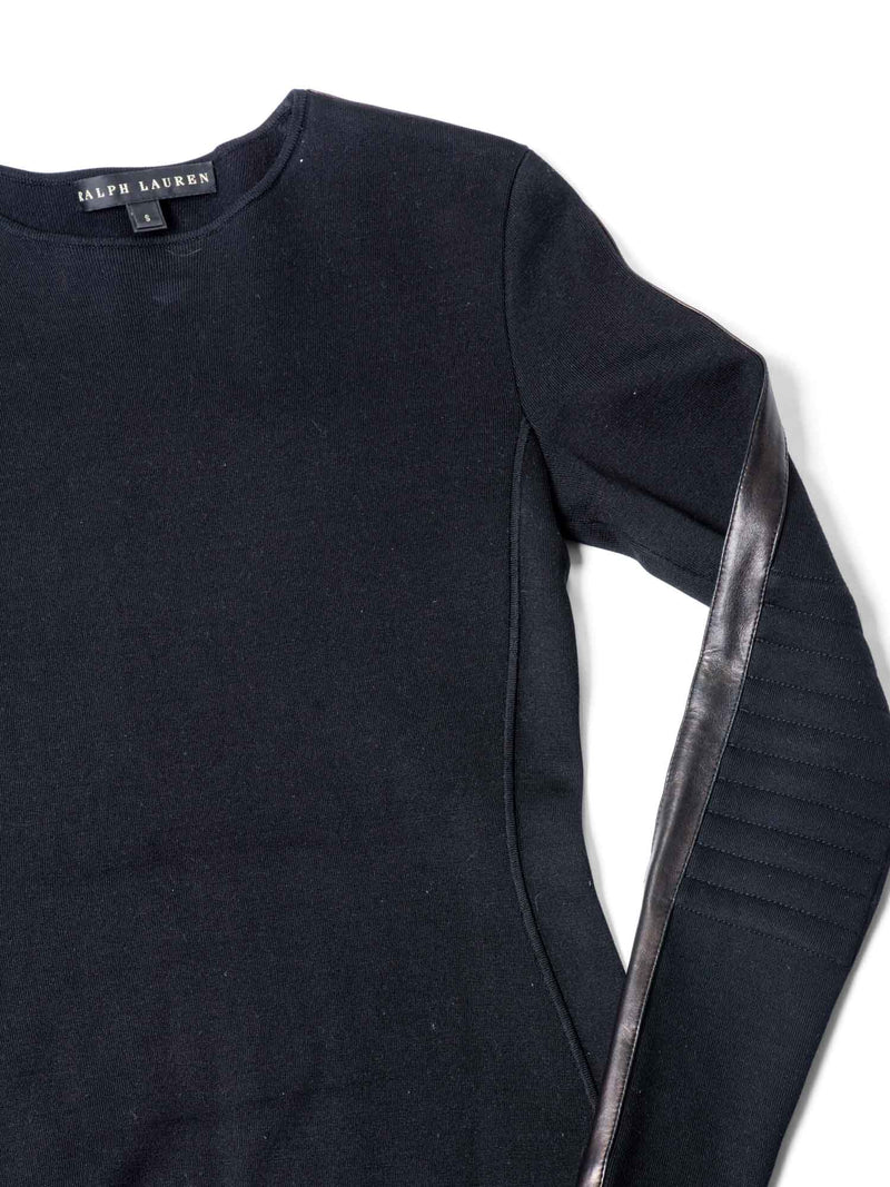 Ralph Lauren Knit Leather Quilted Elbow Midi Dress Black-designer resale
