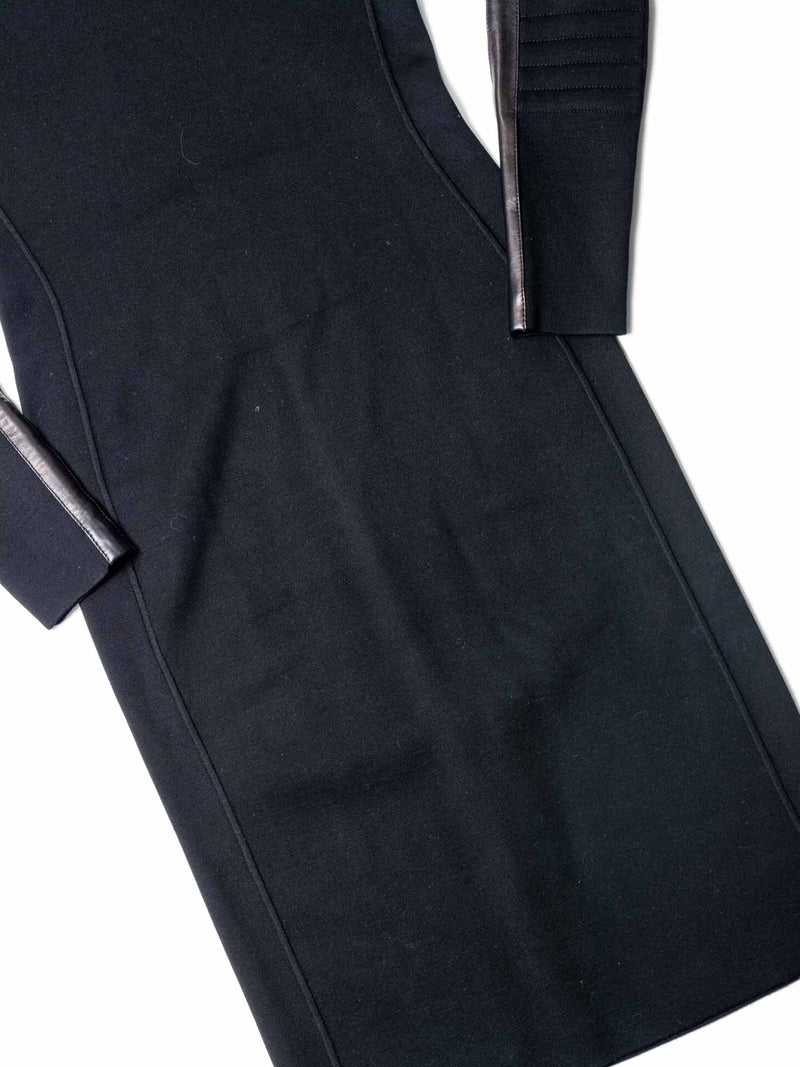 Ralph Lauren Knit Leather Quilted Elbow Midi Dress Black-designer resale