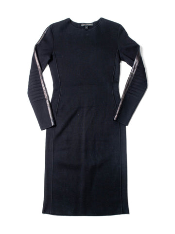 Ralph Lauren Knit Leather Quilted Elbow Midi Dress Black-designer resale