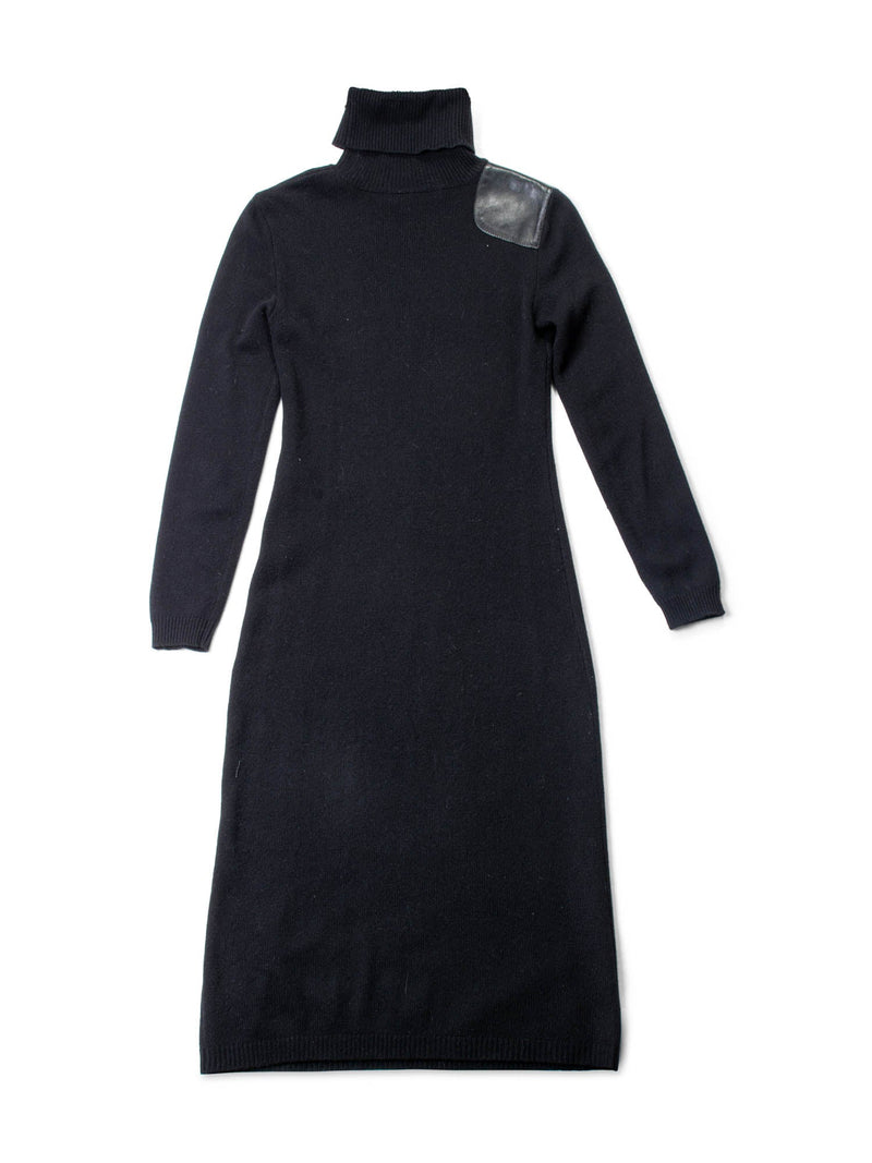 Ralph Lauren Leather Cashmere Knitted Turtle Neck Midi Dress Black-designer resale