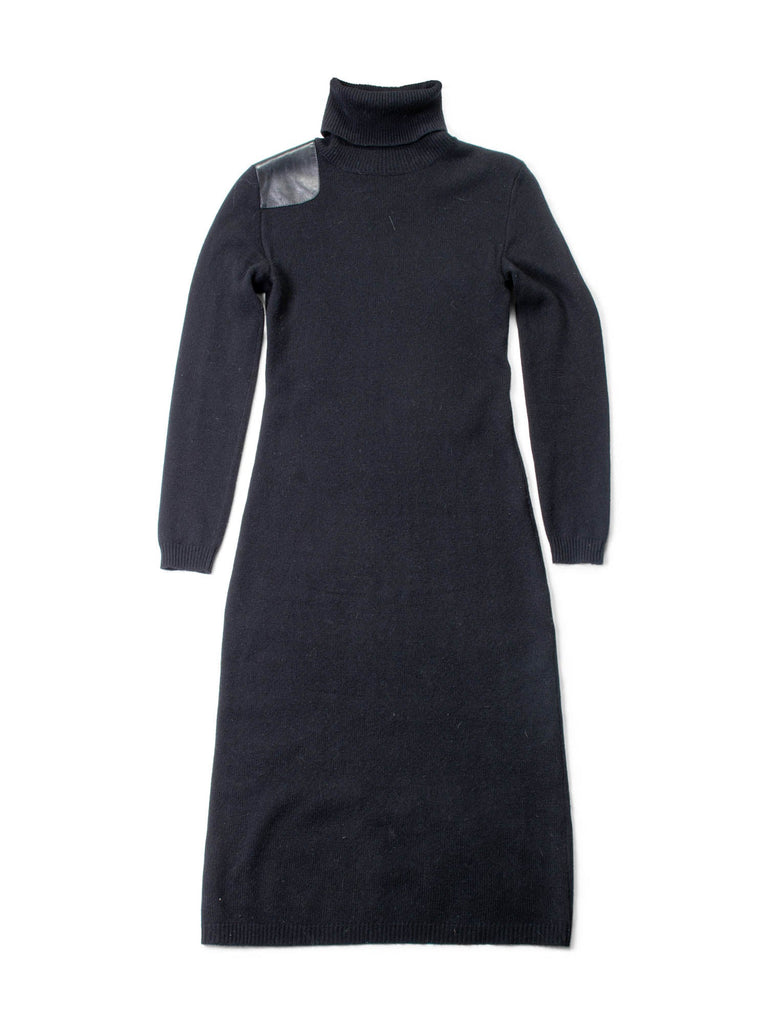 Ralph Lauren Leather Cashmere Knitted Turtle Neck Midi Dress Black-designer resale
