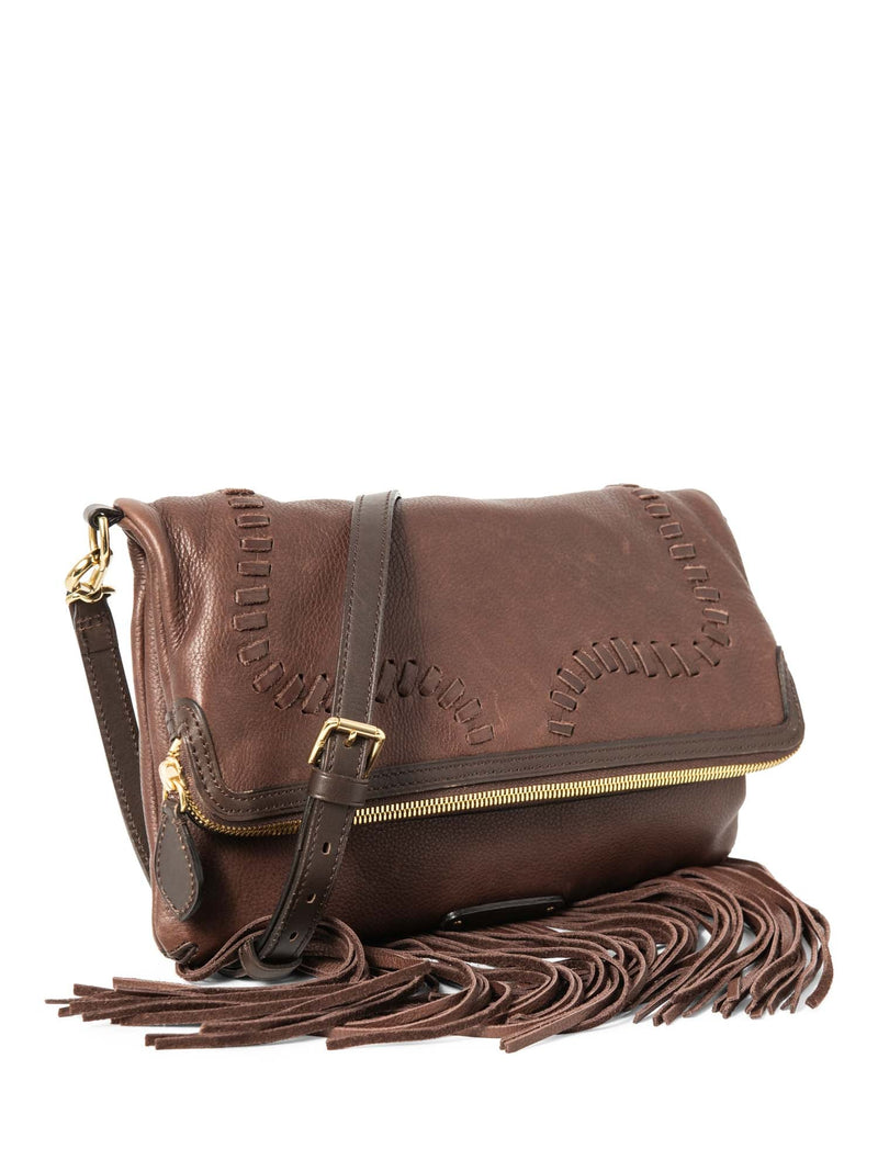 Ralph Lauren Logo Leather Fringe Equestrian Messenger Bag Brown-designer resale