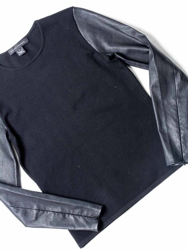Ralph Lauren Merino Wool Lambskin Leather Sweater Black-designer resale