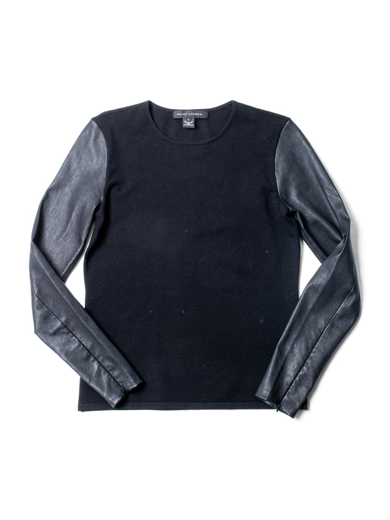 Ralph Lauren Merino Wool Lambskin Leather Sweater Black-designer resale