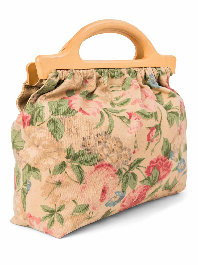 Ralph Lauren Vintage Tapestry Floral Wooden Top Handle Bag Beige-designer resale