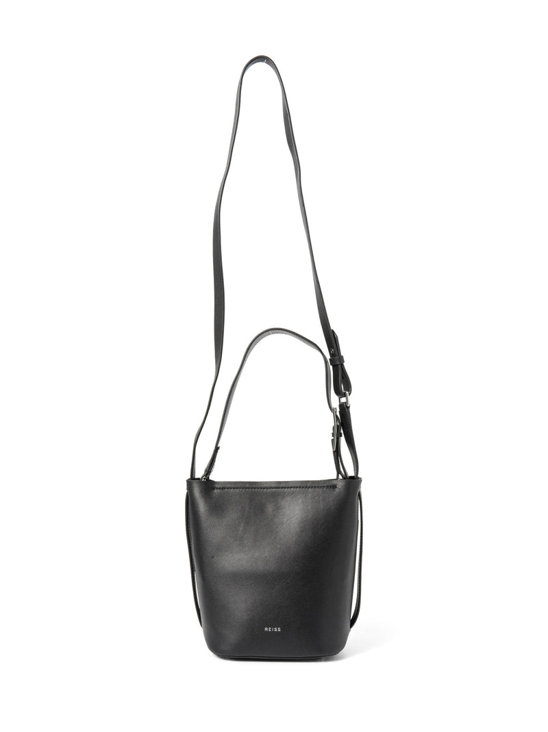Reiss Leather Vegan Cowhide Top Handle Messenger Bucket Bag Brown Black-designer resale