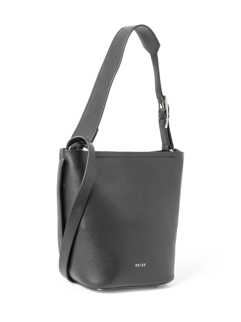 Reiss Leather Vegan Cowhide Top Handle Messenger Bucket Bag Brown Black-designer resale