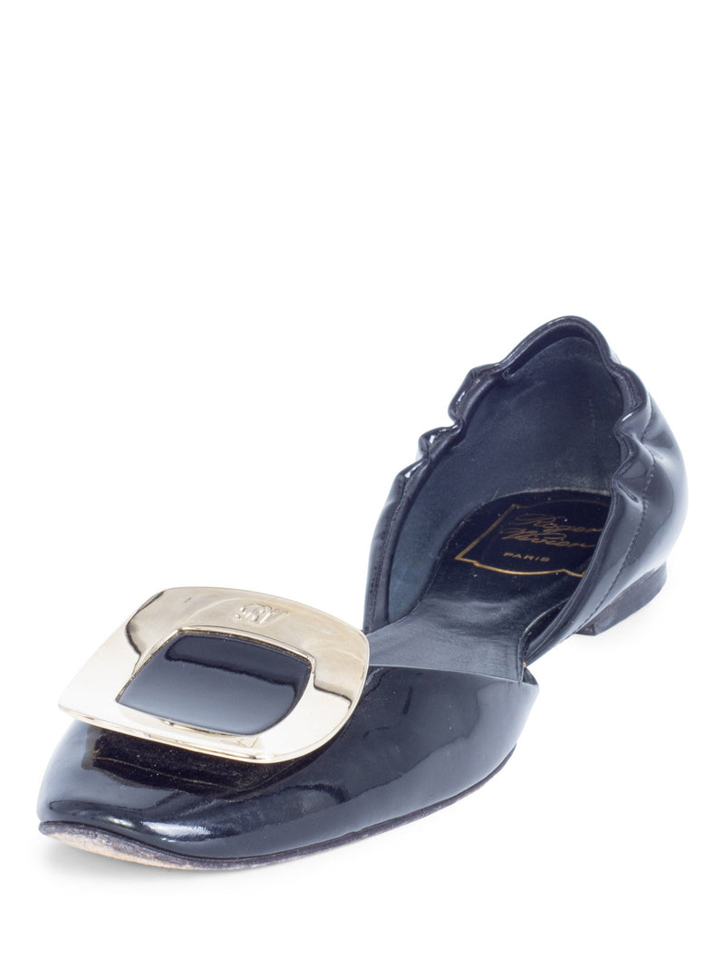 Roger Vivier Patent Leather Buckle Ballet Flat Shoes Black Gold-designer resale
