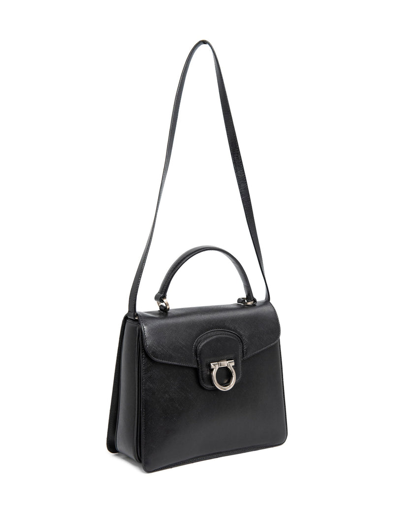 Salvatore Ferragamo Gancini Shiny Tessuto Leather Top Handle Kelly Bag Black-designer resale