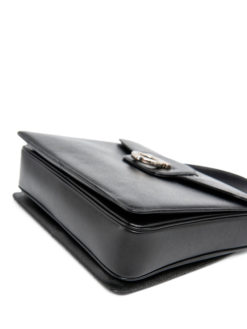 Salvatore Ferragamo Gancini Shiny Tessuto Leather Top Handle Kelly Bag Black-designer resale