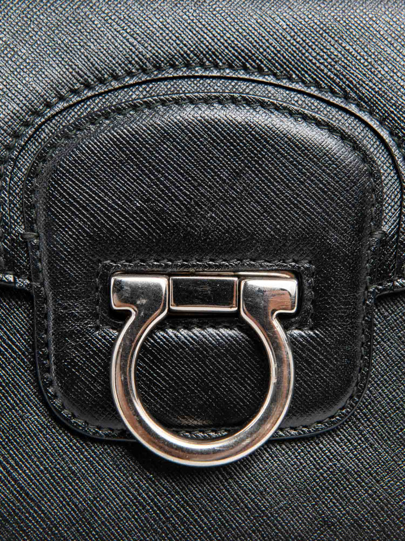 Salvatore Ferragamo Gancini Shiny Tessuto Leather Top Handle Kelly Bag Black-designer resale