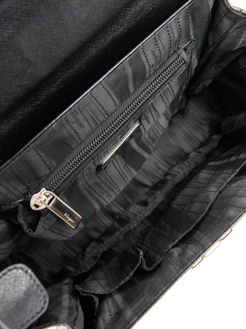 Salvatore Ferragamo Gancini Shiny Tessuto Leather Top Handle Kelly Bag Black-designer resale