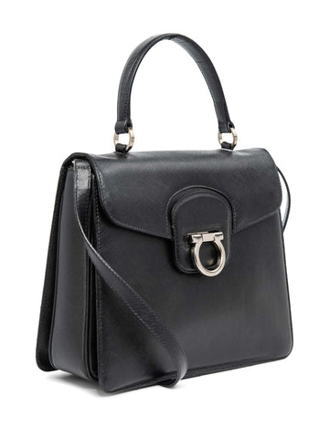 Salvatore Ferragamo Gancini Shiny Tessuto Leather Top Handle Kelly Bag Black-designer resale
