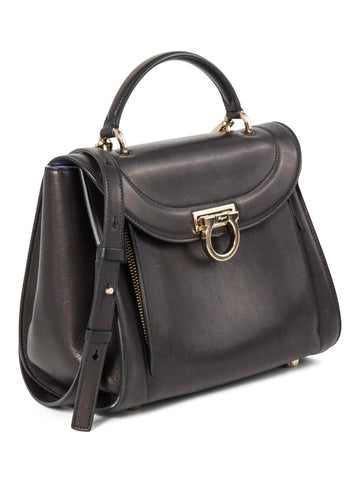 Salvatore Ferragamo Leather Ganchini Buckle Top Handle Flap Bag Black-designer resale