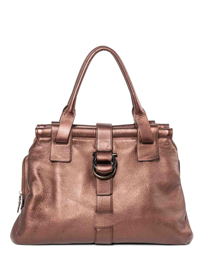 Salvatore Ferragamo Leather Ganchini Top Handle Bag Shiny Burgundy-designer resale