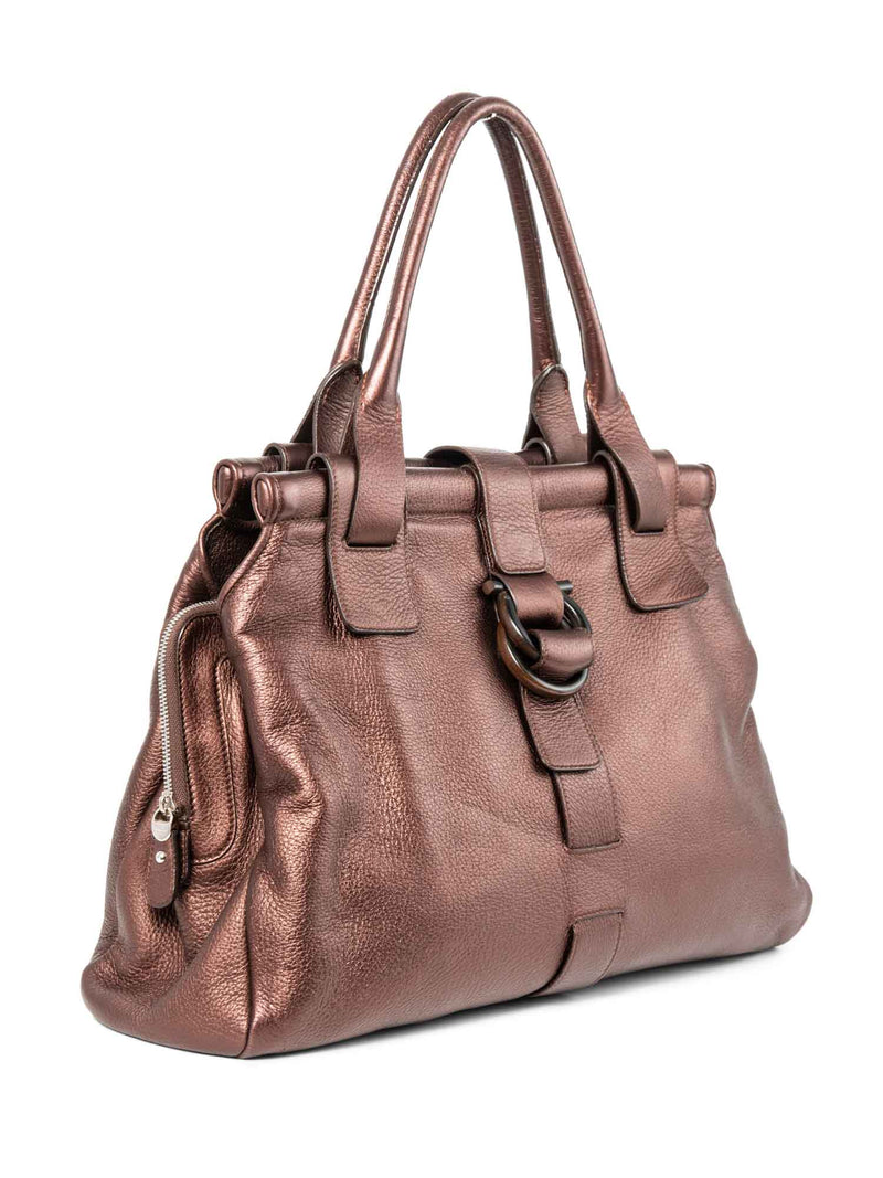 Salvatore Ferragamo Leather Ganchini Top Handle Bag Shiny Burgundy-designer resale