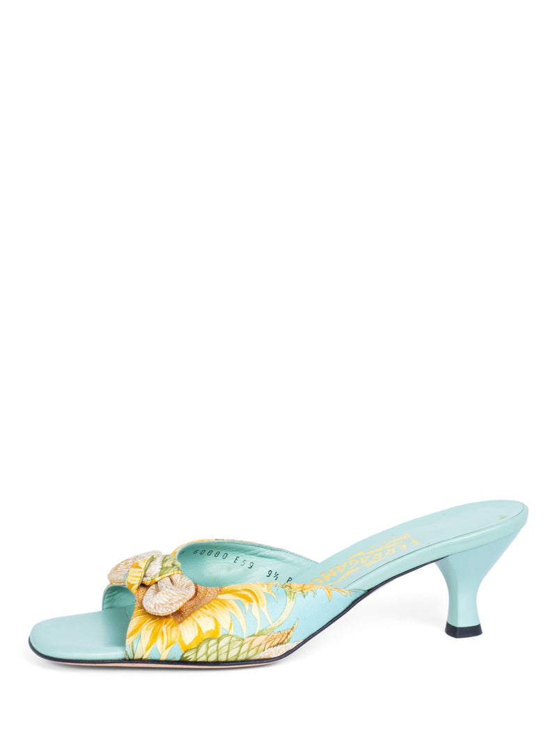 Salvatore Ferragamo Satin Floral Bow Kitten Heel Aqua-designer resale