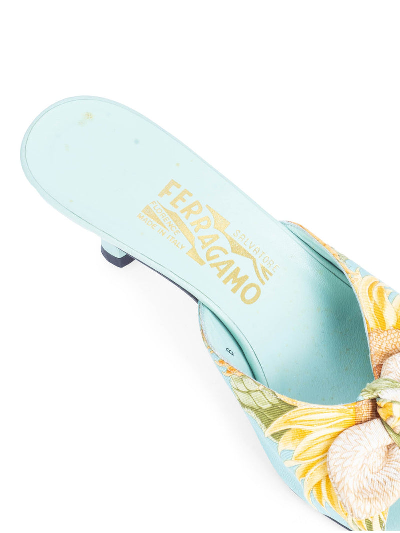 Salvatore Ferragamo Satin Floral Bow Kitten Heel Aqua-designer resale
