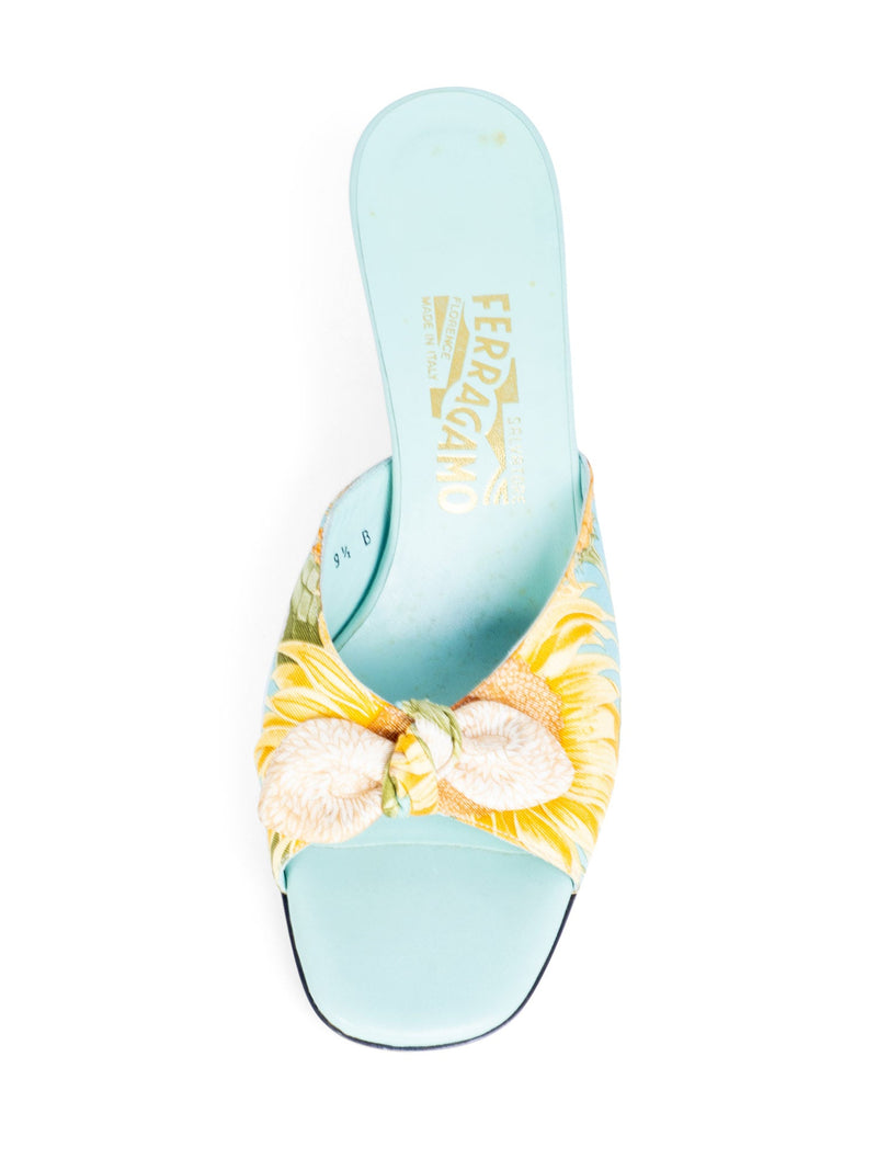 Salvatore Ferragamo Satin Floral Bow Kitten Heel Aqua-designer resale