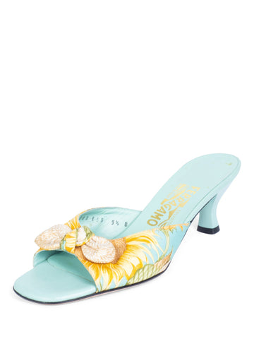 Salvatore Ferragamo Satin Floral Bow Kitten Heel Aqua-designer resale