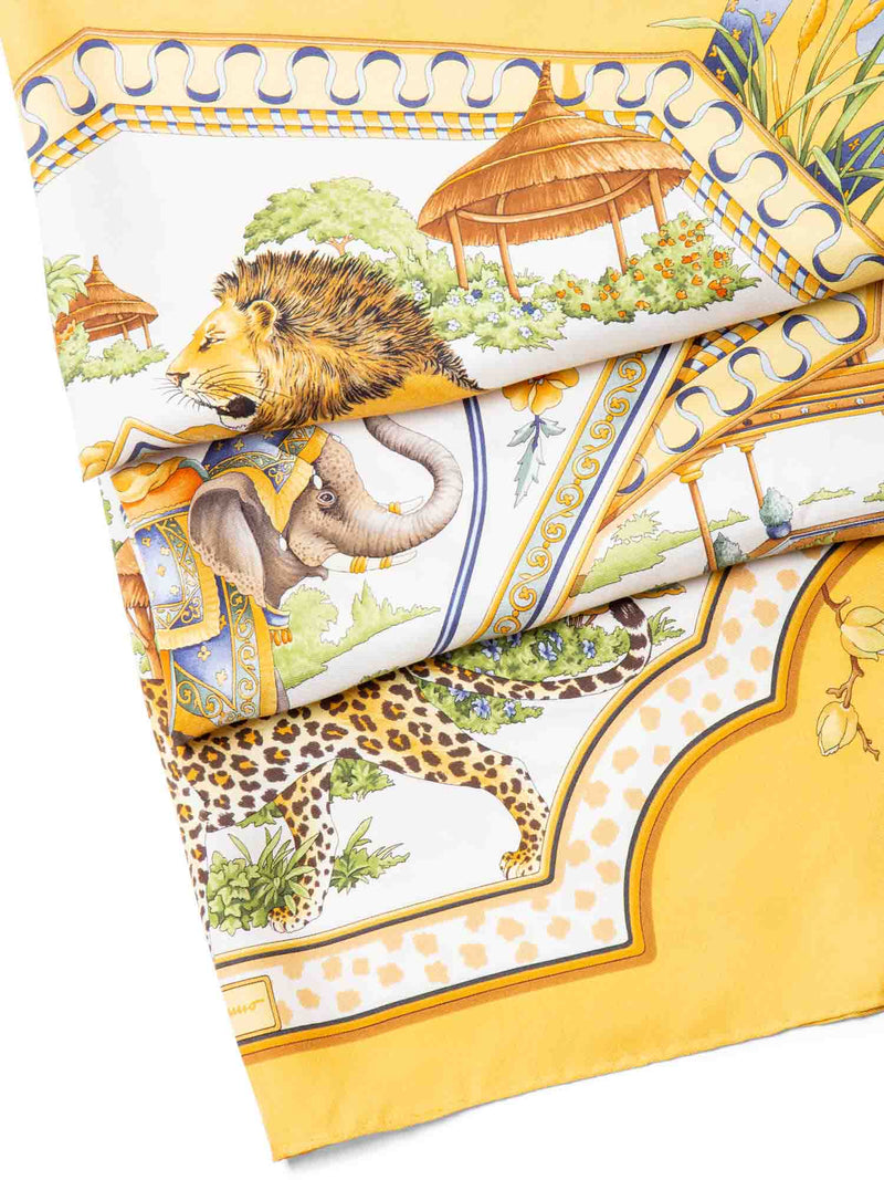 Salvatore Ferragamo Silk Safari Tiger Elephant Scarf Yellow-designer resale