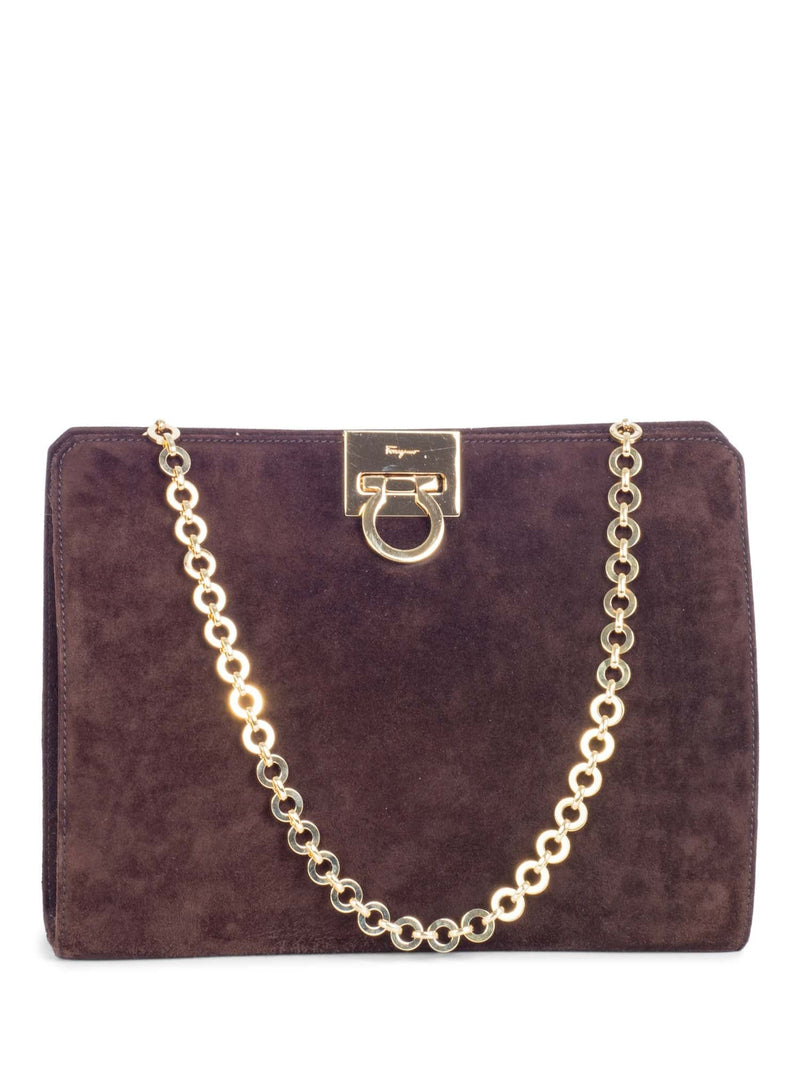 Salvatore Ferragamo Suede Gancini Messenger Bag Brown Gold-designer resale