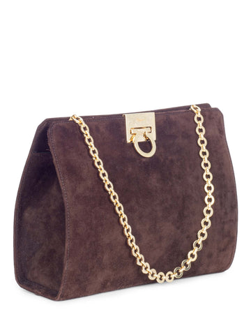 Salvatore Ferragamo Suede Gancini Messenger Bag Brown Gold-designer resale