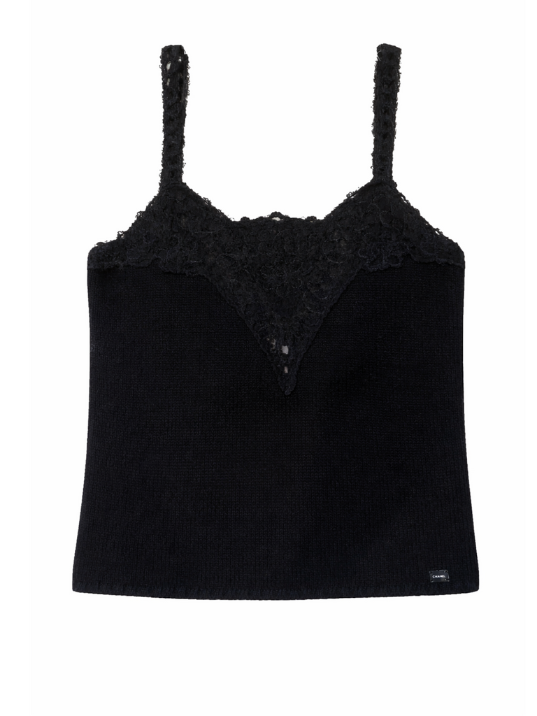 CHANEL Logo Cashmere Lace Blouse Black