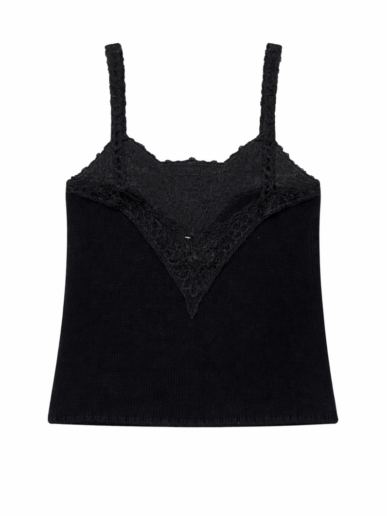 CHANEL Logo Cashmere Lace Blouse Black