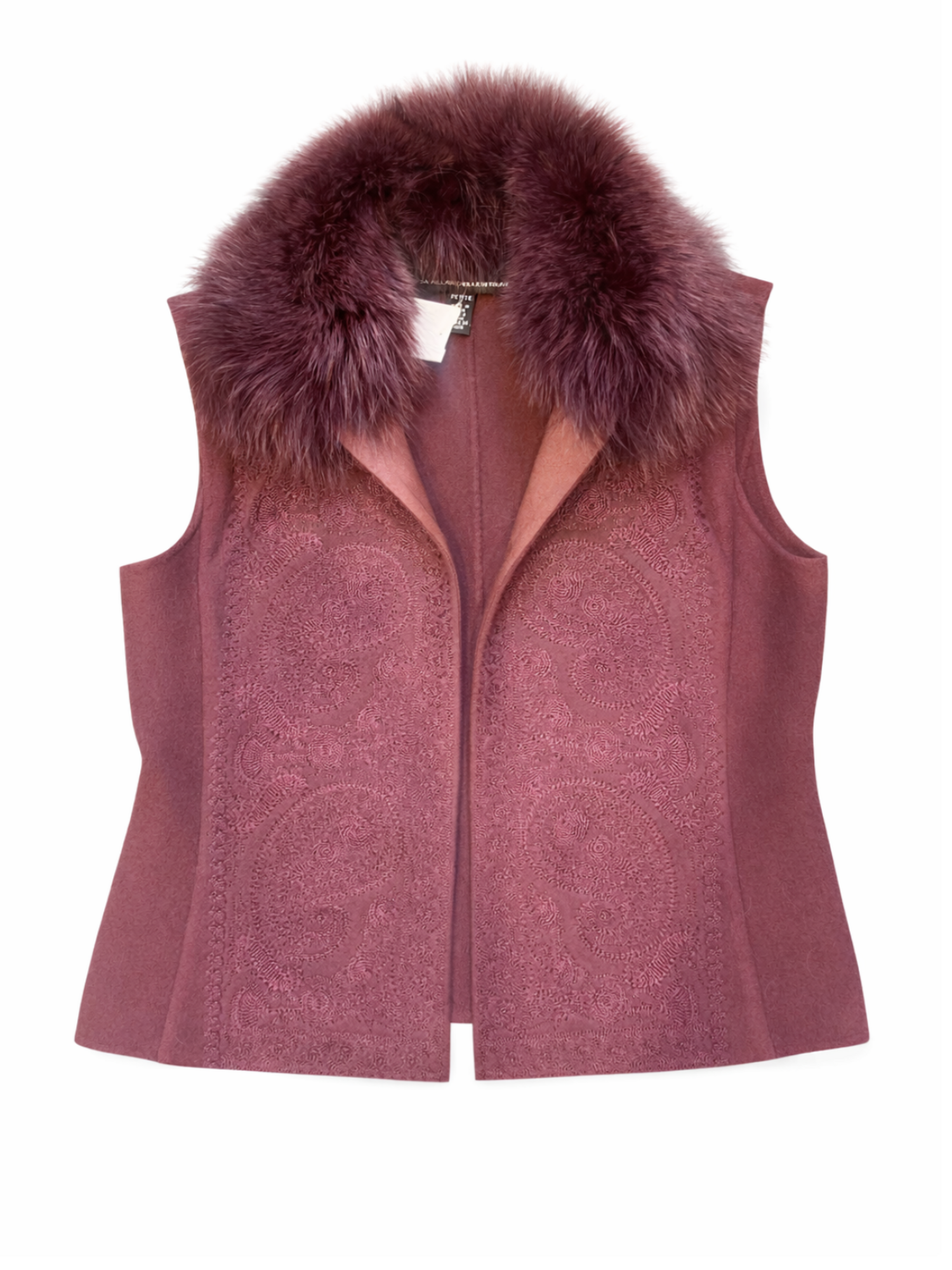 Ellen Tracy Linda Allard Wool Fox Fur Embroidered Vest Burgundy