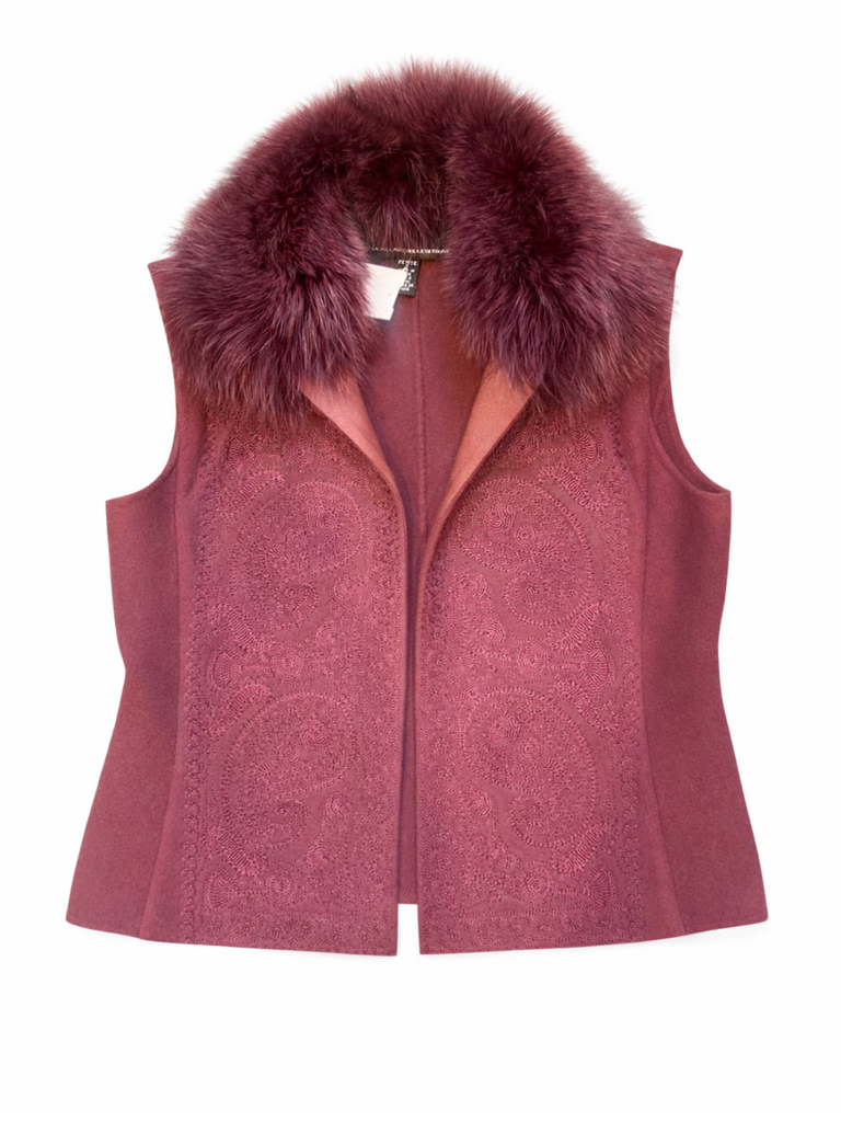 Ellen Tracy Linda Allard Wool Fox Fur Embroidered Vest Burgundy