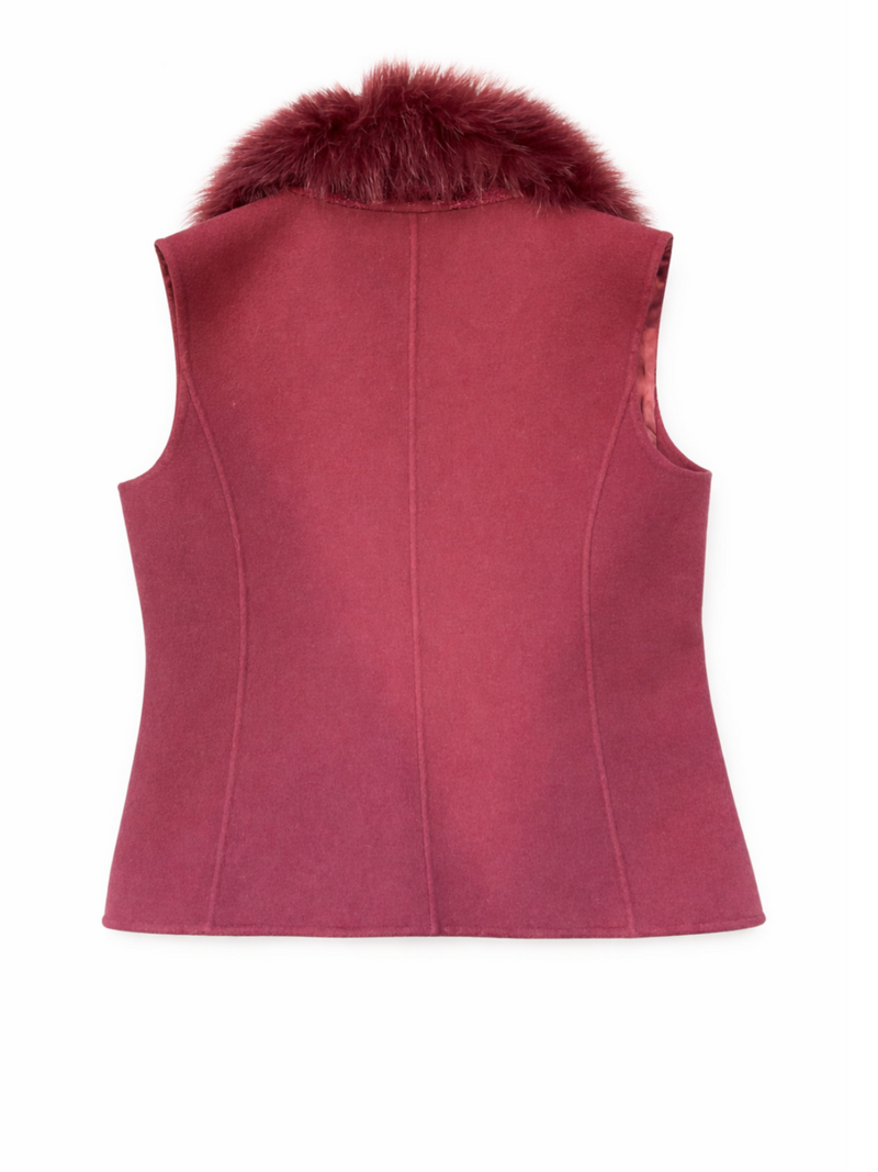 Ellen Tracy Linda Allard Wool Fox Fur Embroidered Vest Burgundy