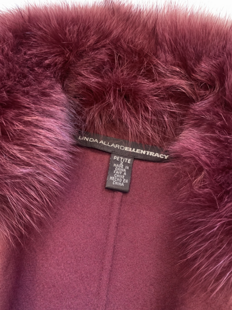 Ellen Tracy Linda Allard Wool Fox Fur Embroidered Vest Burgundy