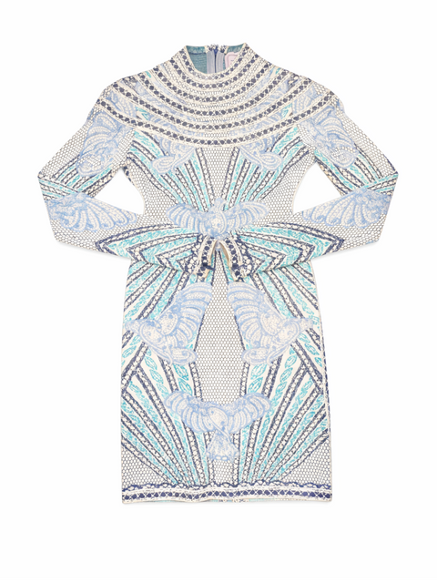 Herve Leger Runway Knit Mosaic Mini Dress Multicolor Blue