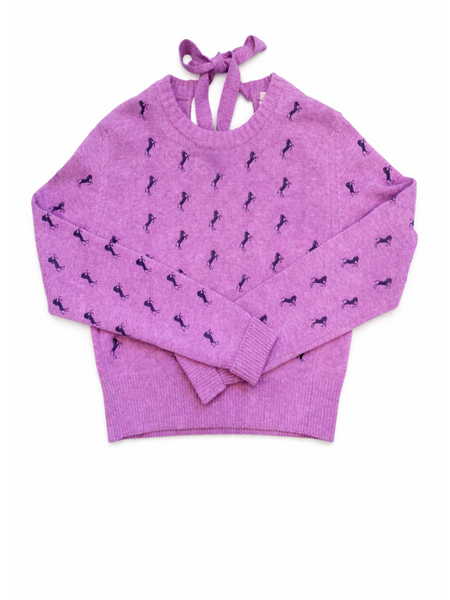Chloe Knit Wool Horse Embroidered Cropped Sweater Lavender