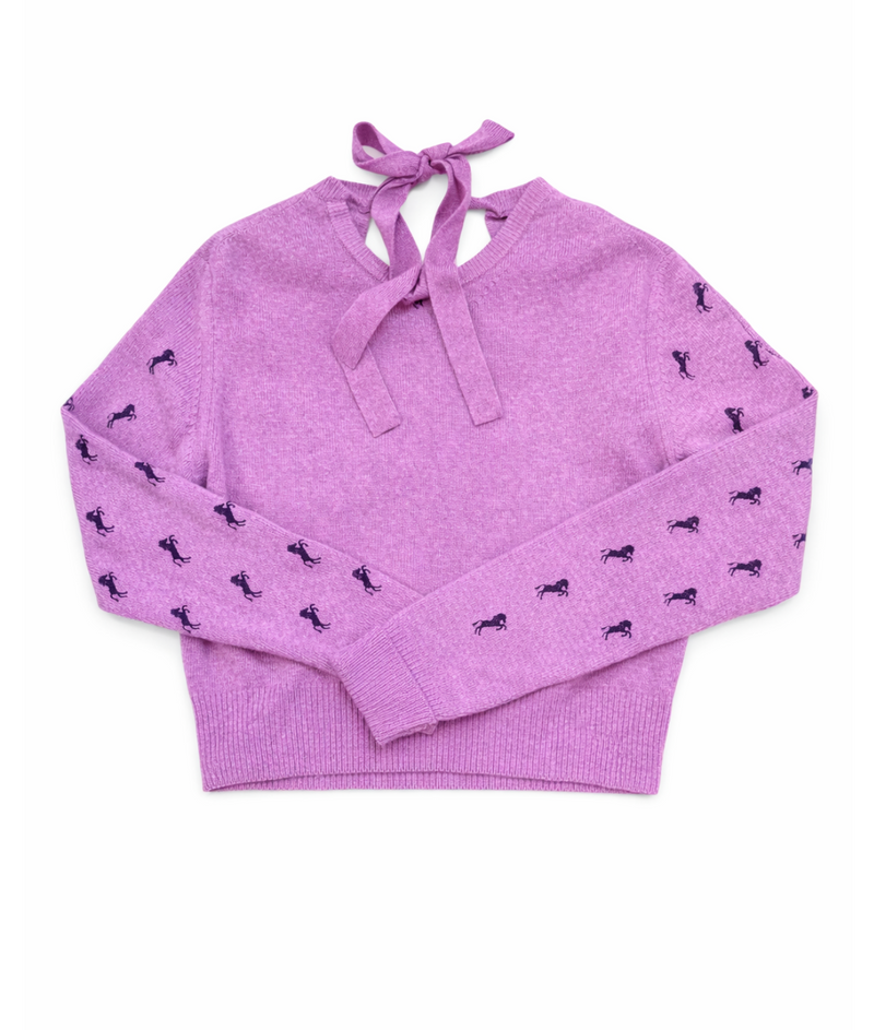 Chloe Knit Wool Horse Embroidered Cropped Sweater Lavender
