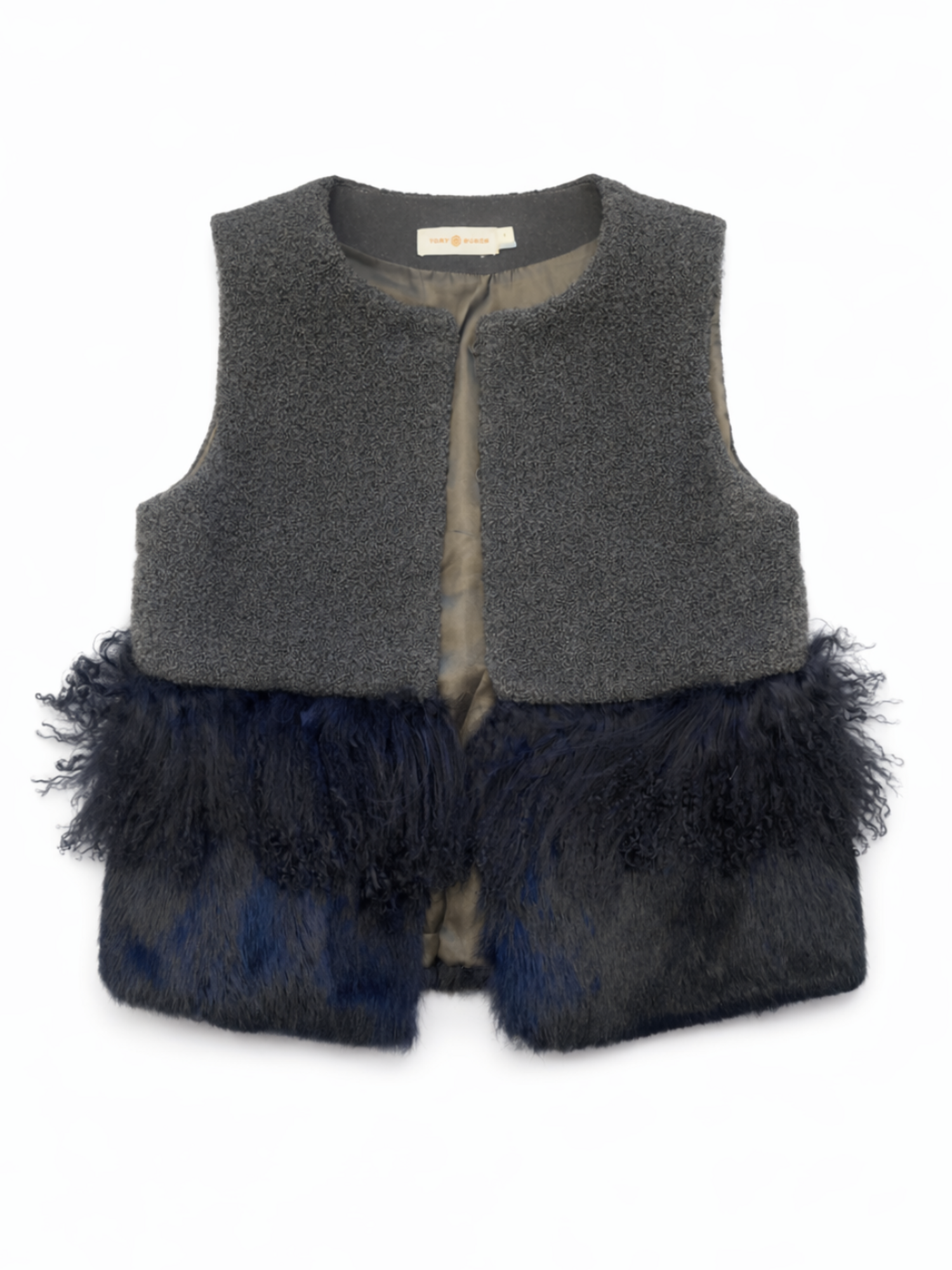 Tory Burch Tweed Fur Fringe Vest Green Black