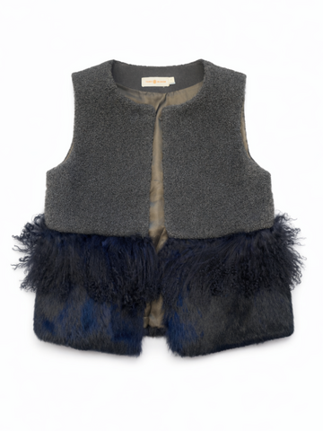 Tory Burch Tweed Fur Fringe Vest Green Black